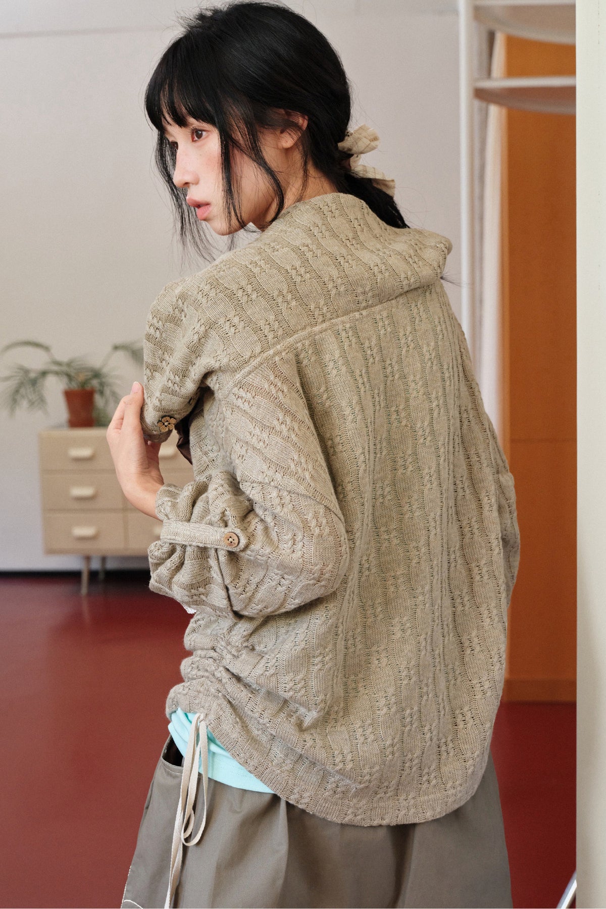 Brown Off-Shoulder Sweater and Mint Green Camisole Set