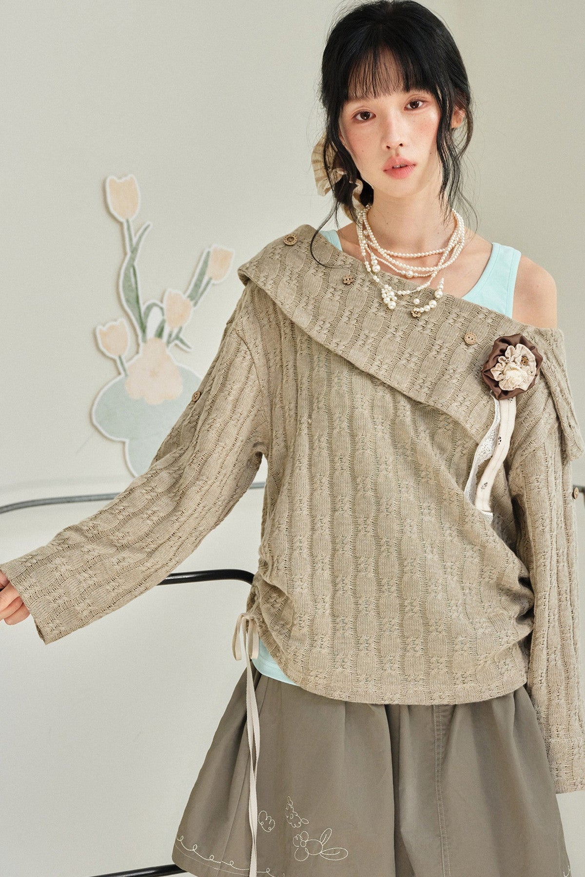 Brown Off-Shoulder Sweater and Mint Green Camisole Set