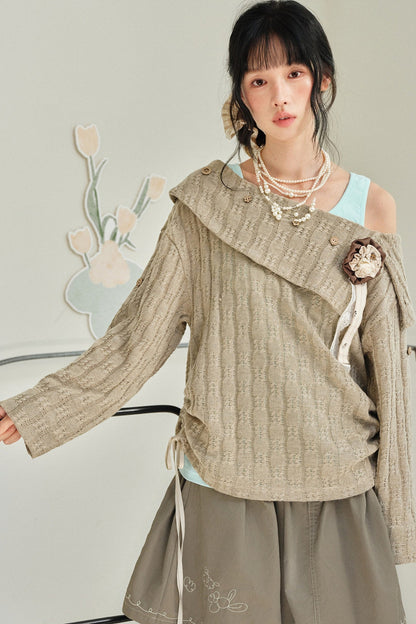 Brown Off-Shoulder Sweater and Mint Green Camisole Set