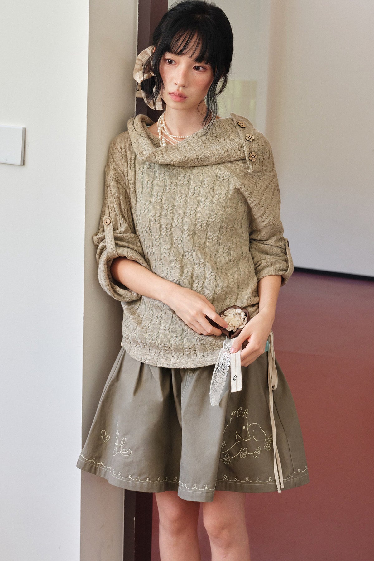 Brown Off-Shoulder Sweater and Mint Green Camisole Set