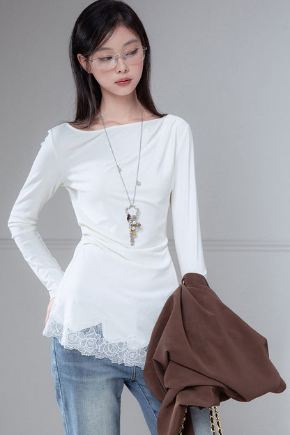 Asymmetrical Pleated Patchwork Lace Knit Top