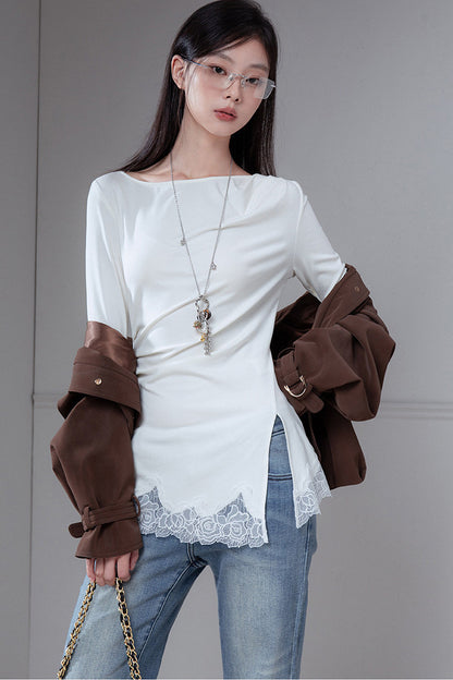 Asymmetrical Pleated Patchwork Lace Knit Top
