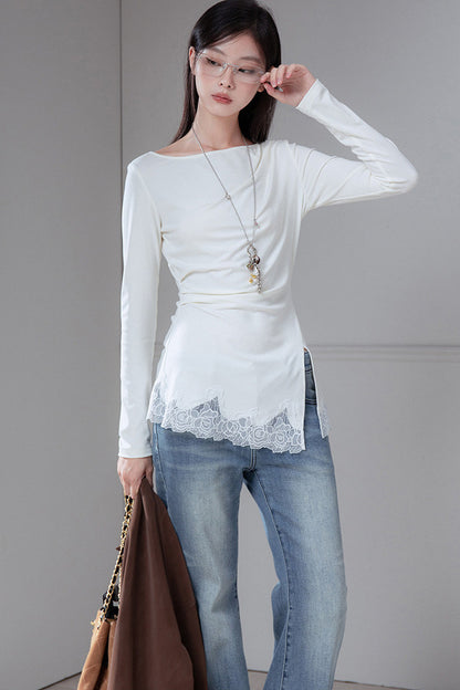 Asymmetrical Pleated Patchwork Lace Knit Top