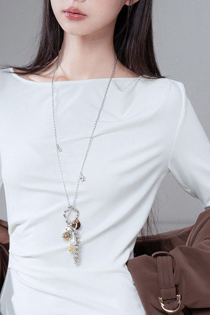 Asymmetrical Pleated Patchwork Lace Knit Top
