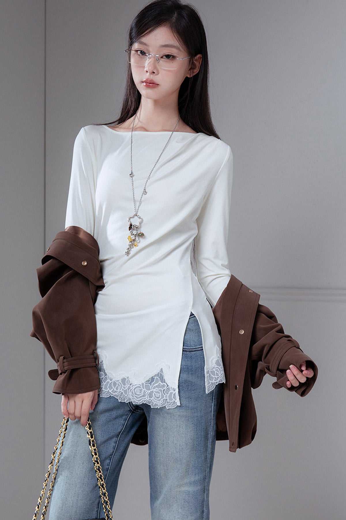 Asymmetrical Pleated Patchwork Lace Knit Top