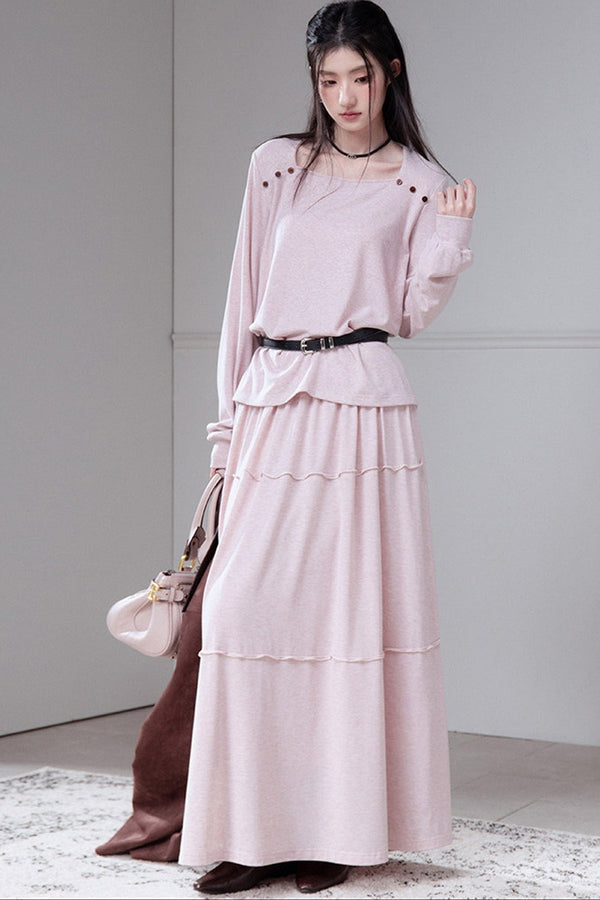Wool Silk Diamond Neck Knit Top And Skirt Set