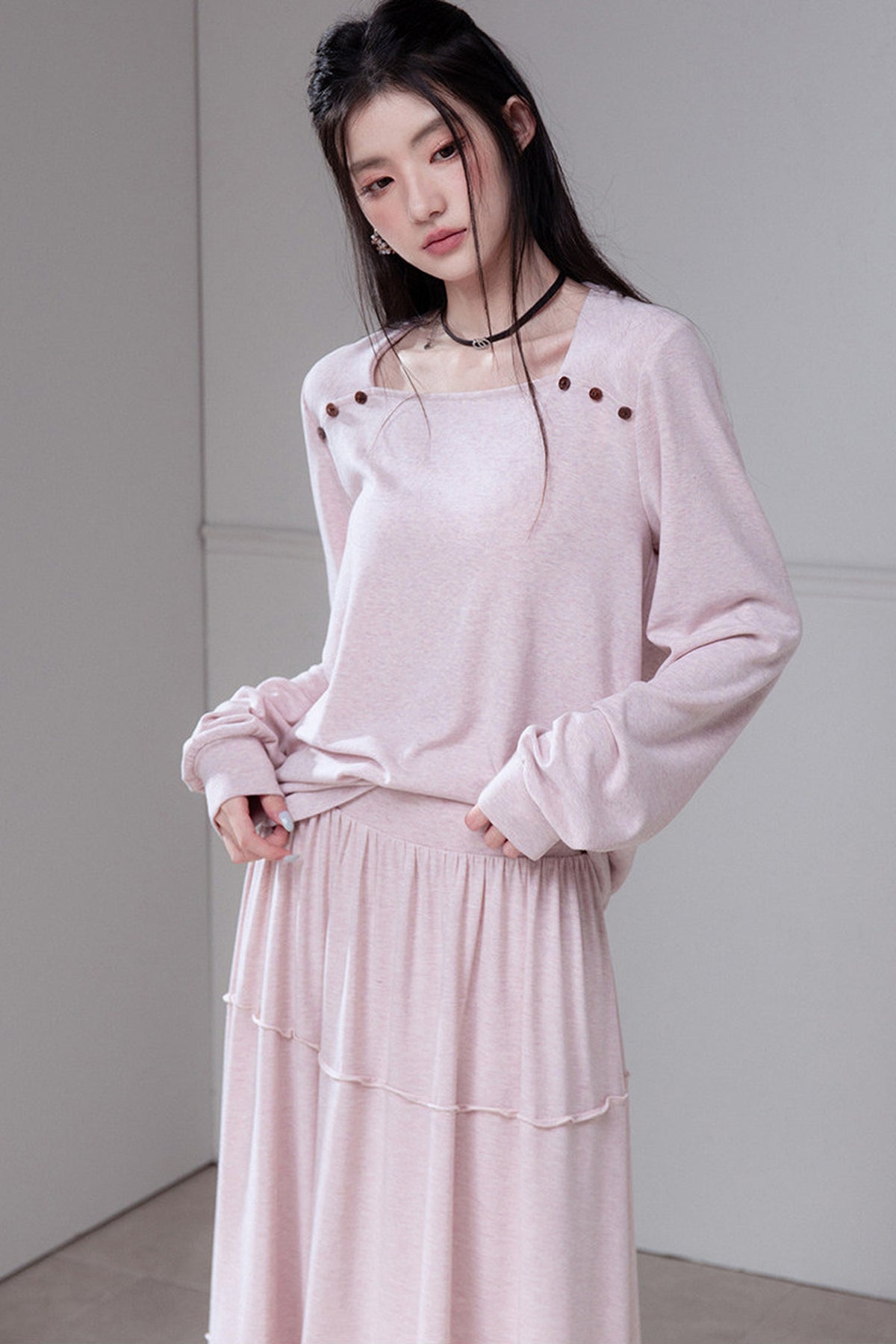 Wool Silk Diamond Neck Knit Top And Skirt Set