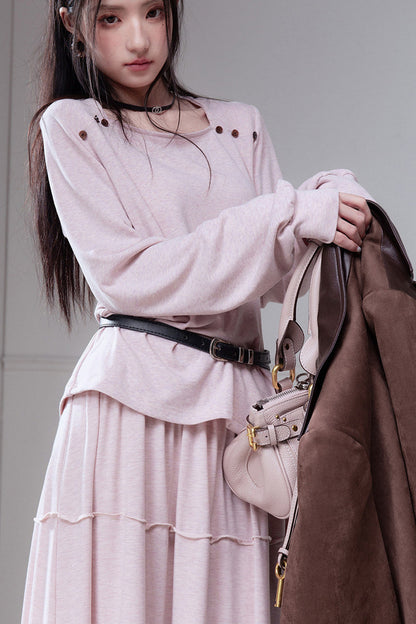 Wool Silk Diamond Neck Knit Top And Skirt Set