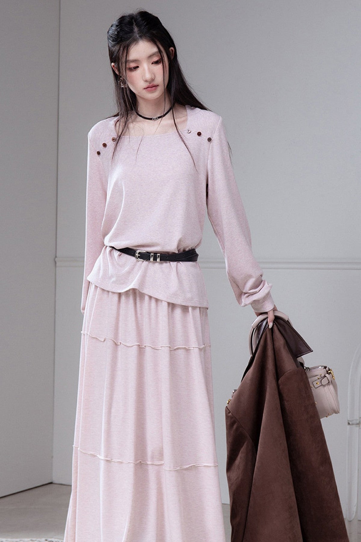 Wool Silk Diamond Neck Knit Top And Skirt Set