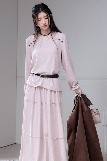 Wool Silk Diamond Neck Knit Top And Skirt Set