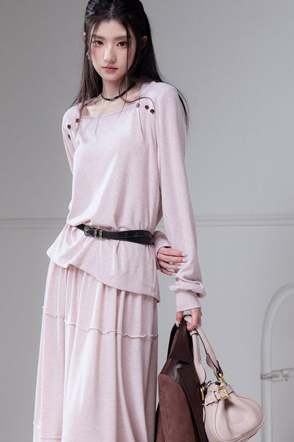 Wool Silk Diamond Neck Knit Top And Skirt Set