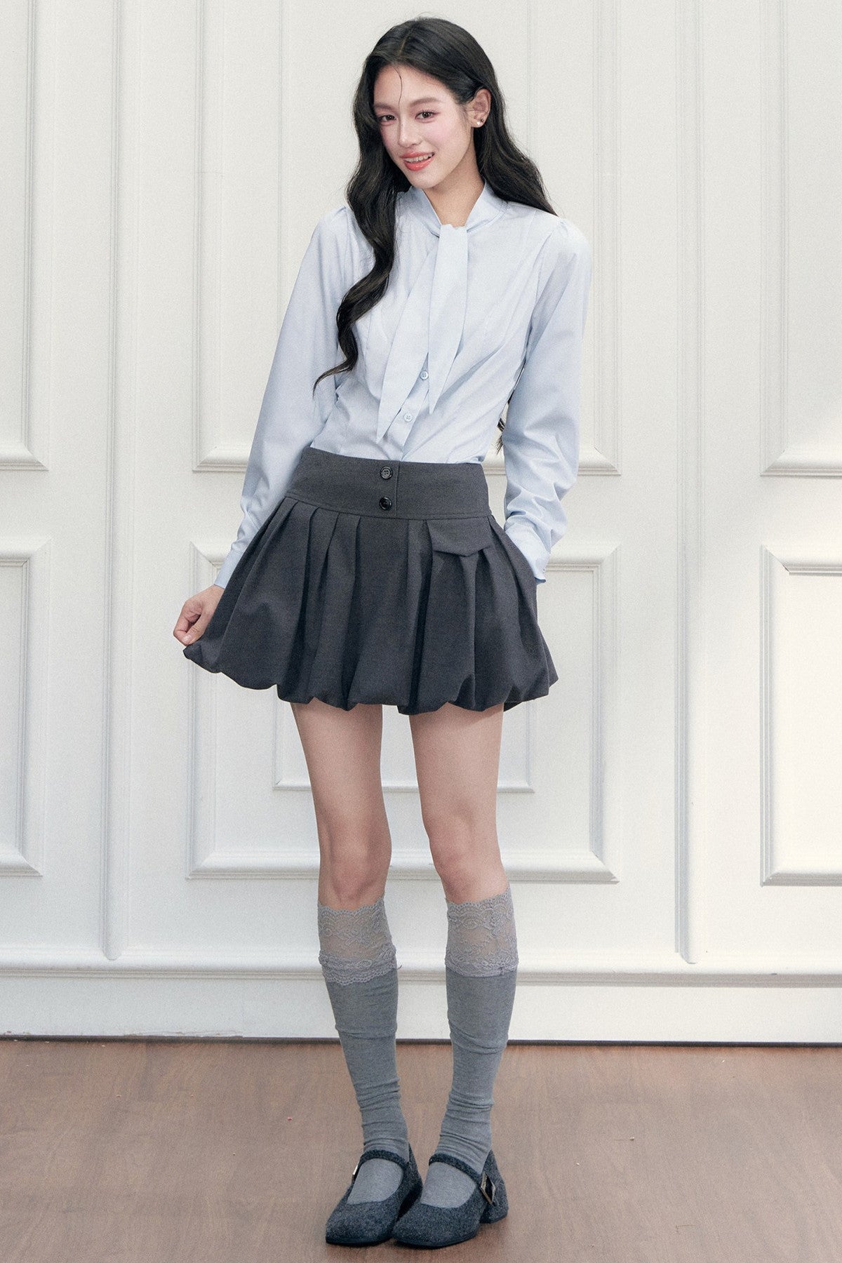 A-Line Pleated Pocket Bud Waist Skirt