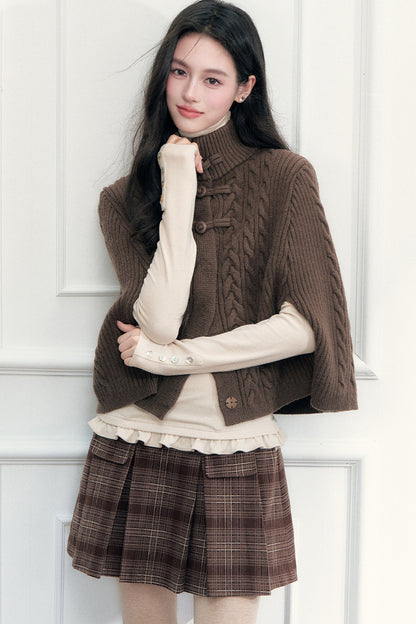 Double-Breasted Plaid Pleated A-Line Skirt