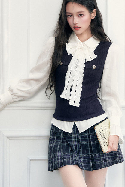Double-Breasted Plaid Pleated A-Line Skirt