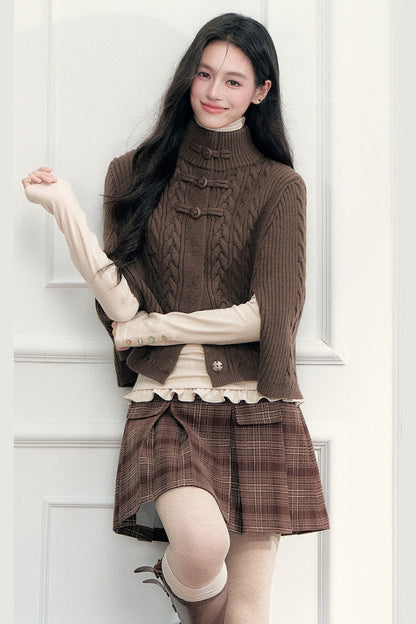 Double-Breasted Plaid Pleated A-Line Skirt
