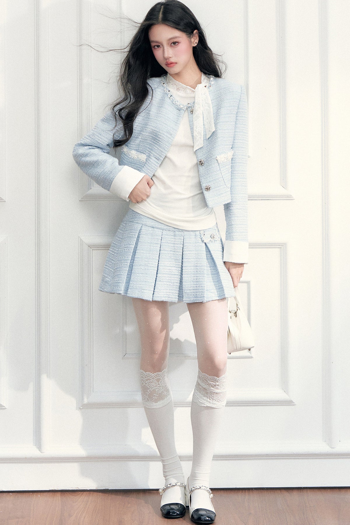 Beaded Tweed Jacket and Pleated Skirt Set
