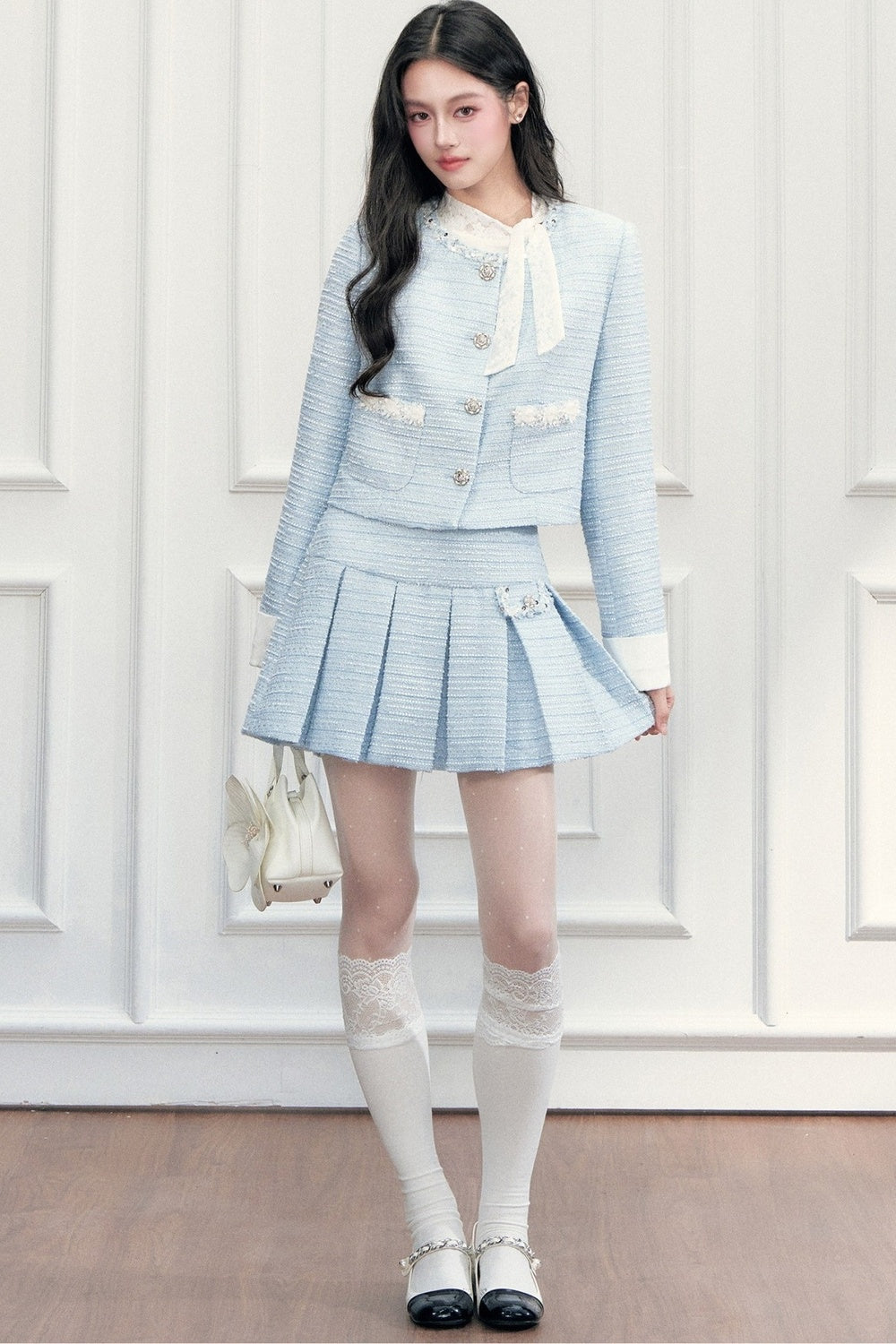 Beaded Tweed Jacket and Pleated Skirt Set