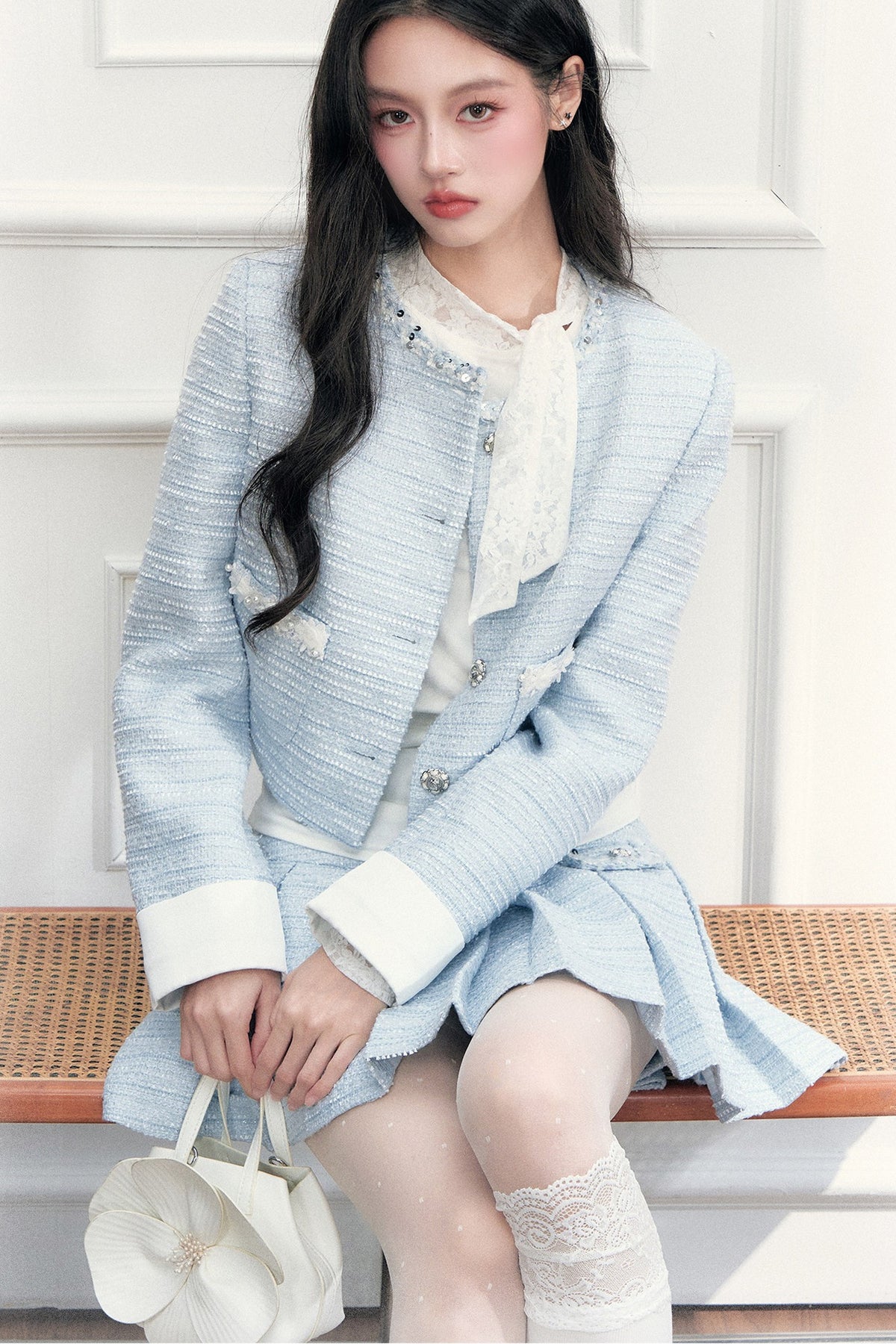 Beaded Tweed Jacket and Pleated Skirt Set