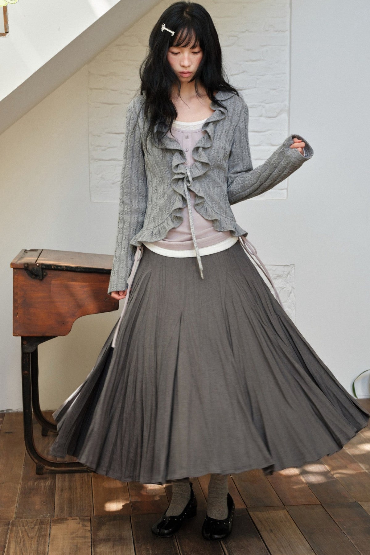 Gray Ruffled Cardigan And Inner Top Set-Up