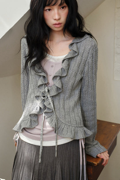 Gray Ruffled Cardigan And Inner Top Set-Up