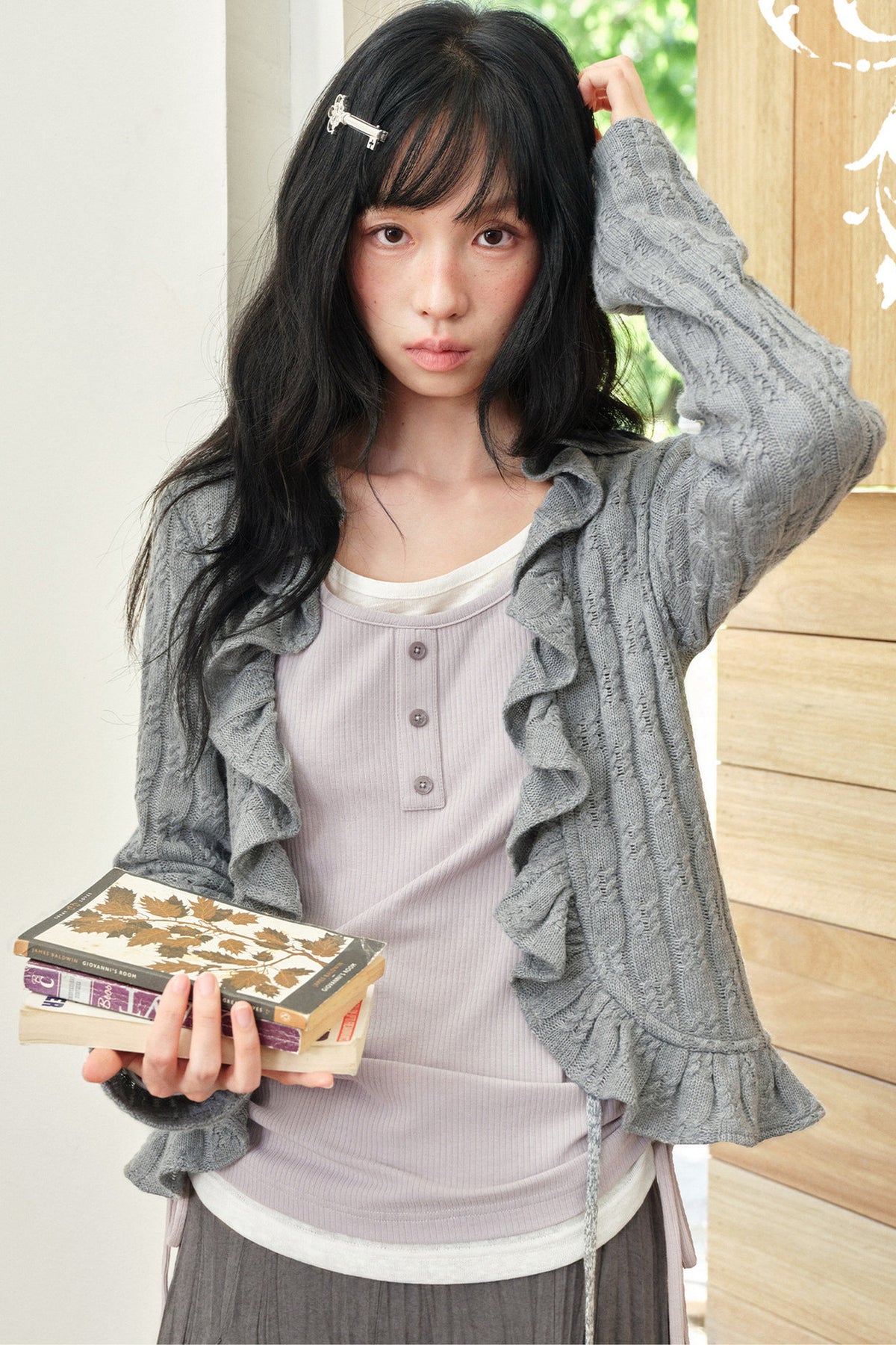 Gray Ruffled Cardigan And Inner Top Set-Up