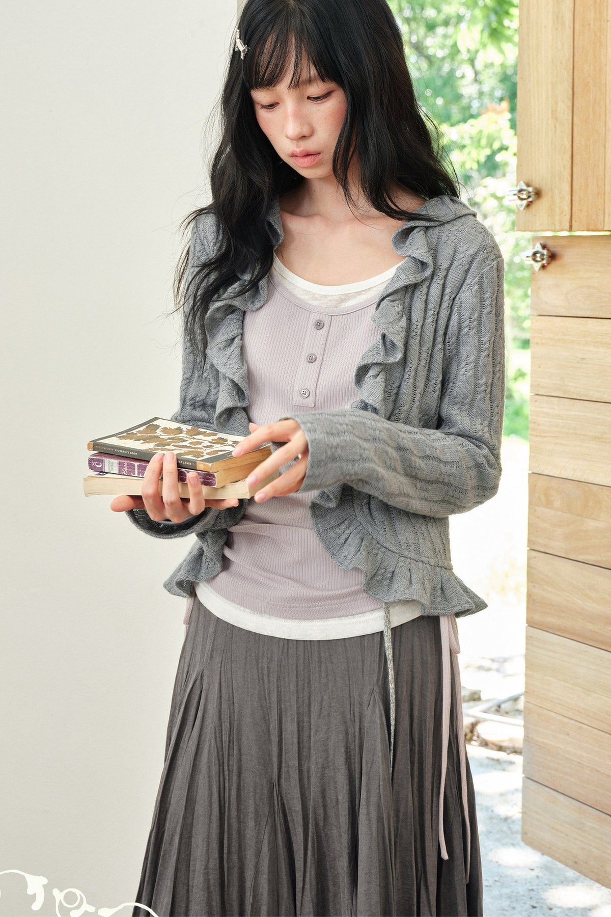 Gray Ruffled Cardigan And Inner Top Set-Up
