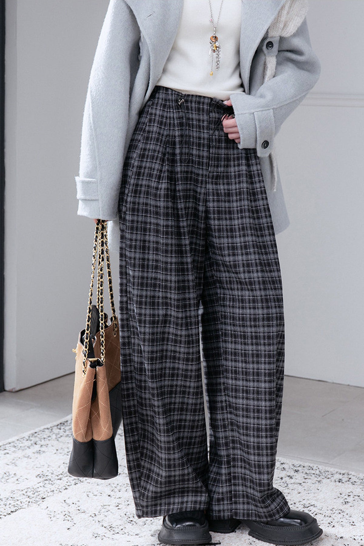 Brushed Plaid Mid-Waist Drawstring Pants