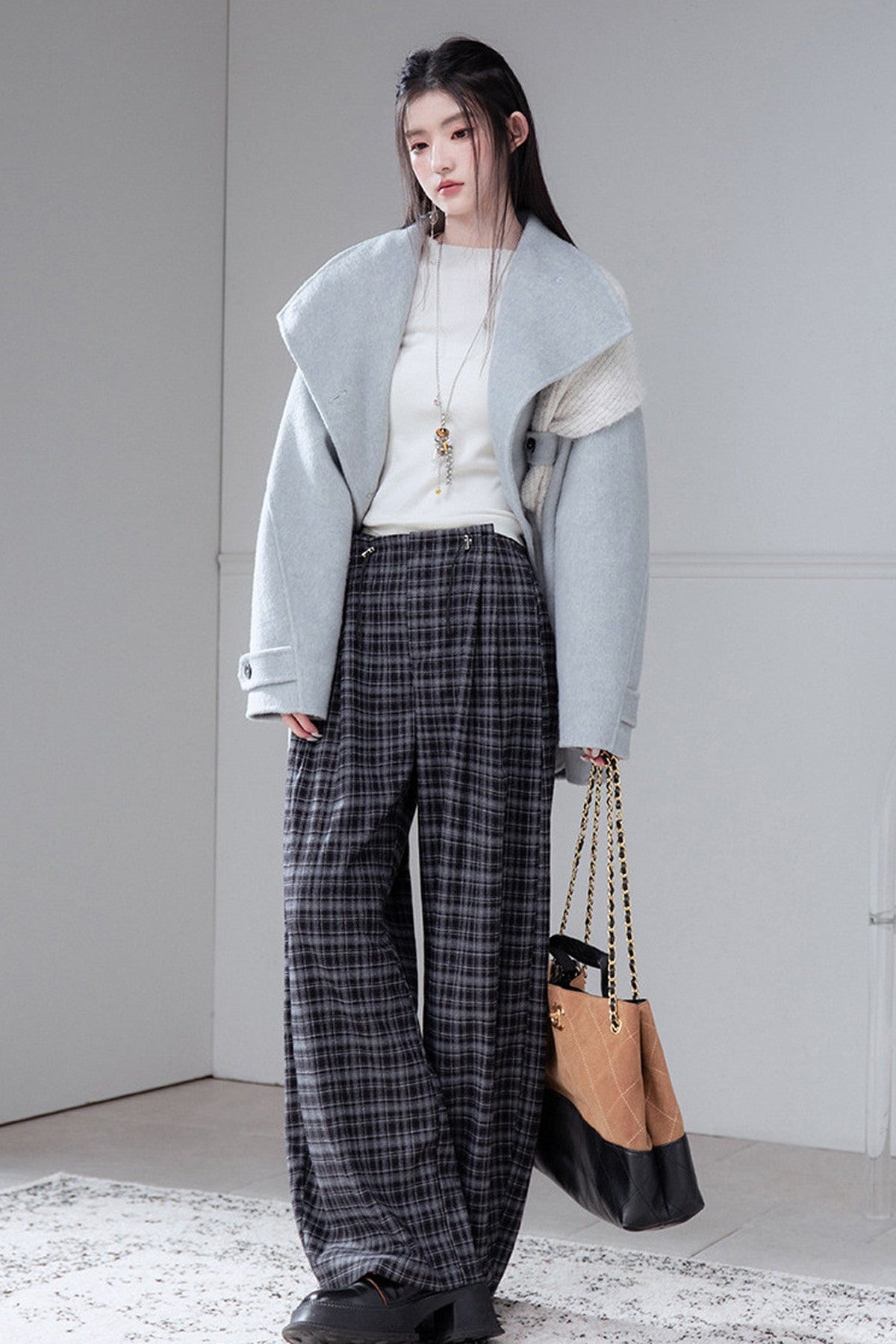 Brushed Plaid Mid-Waist Drawstring Pants