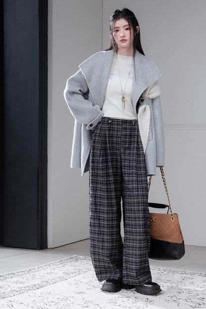 Brushed Plaid Mid-Waist Drawstring Pants