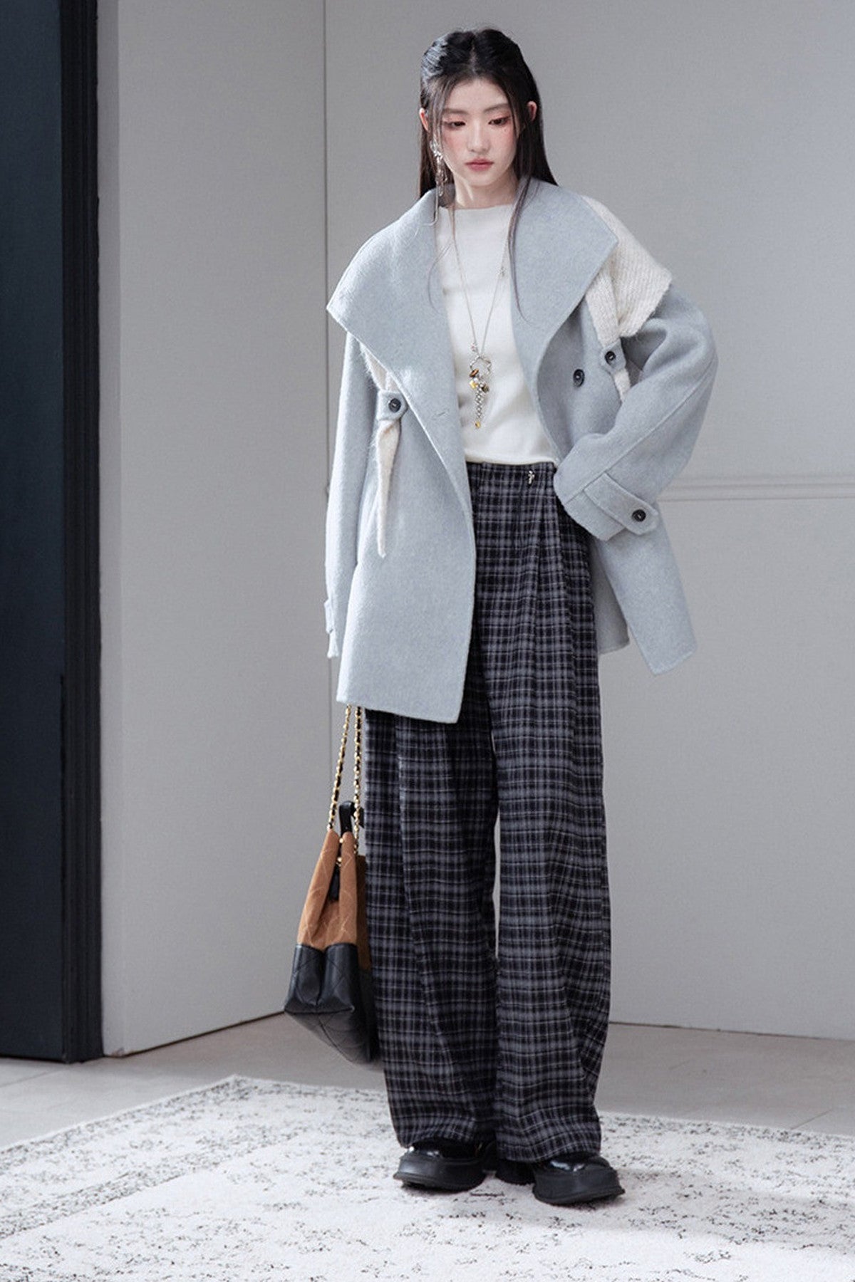 Brushed Plaid Mid-Waist Drawstring Pants