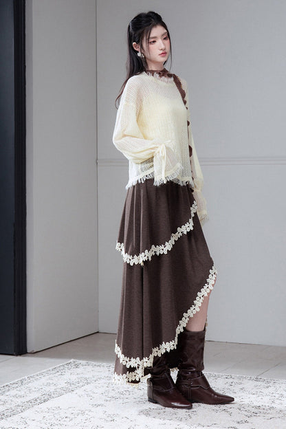 Vintage Irregular Lace Trim Skirt