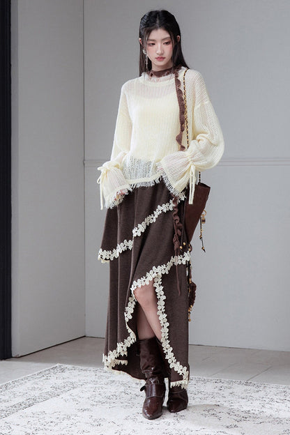 Vintage Irregular Lace Trim Skirt