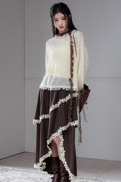 Vintage Irregular Lace Trim Skirt