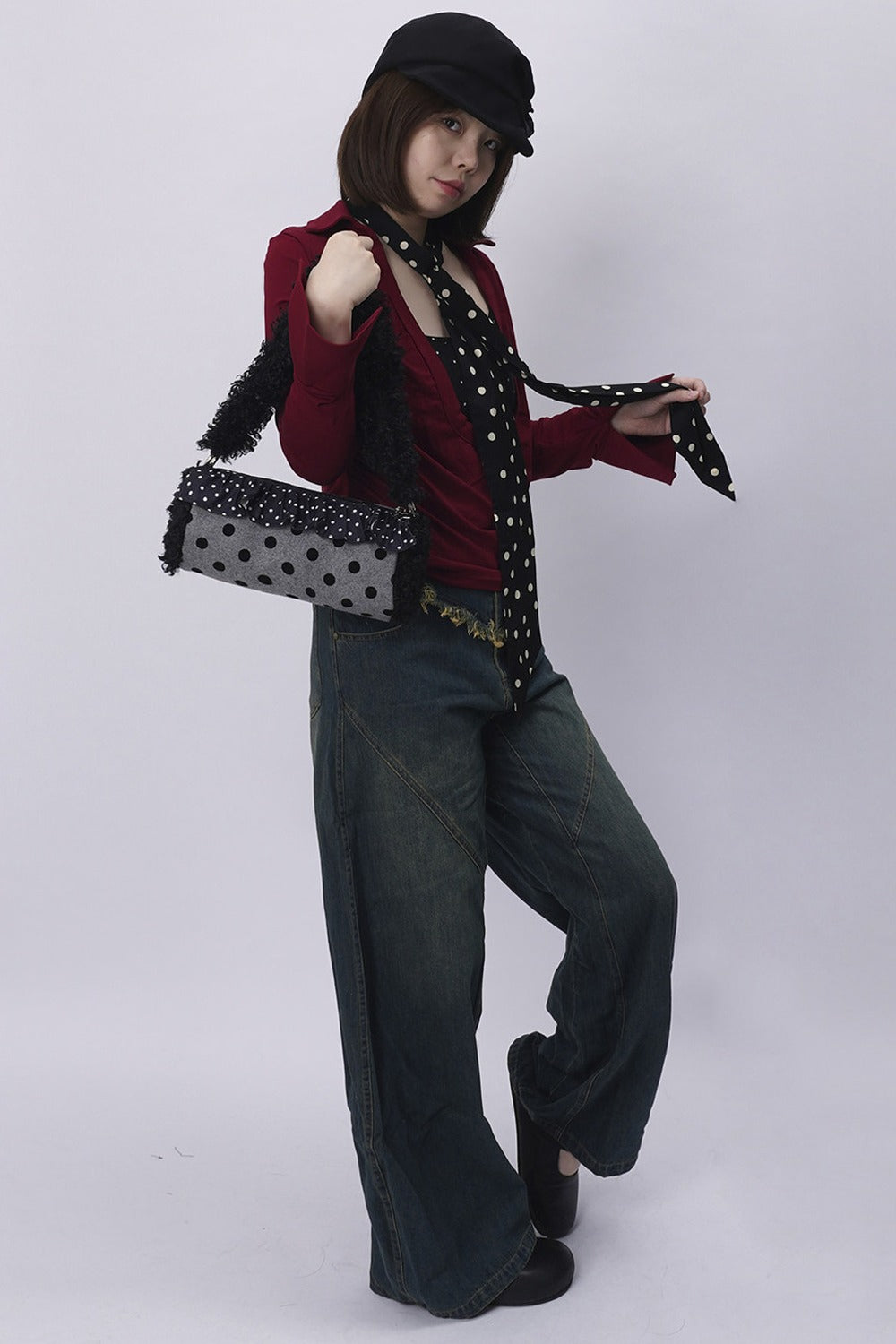 Polka Dot Ruffled Cylinder Bag