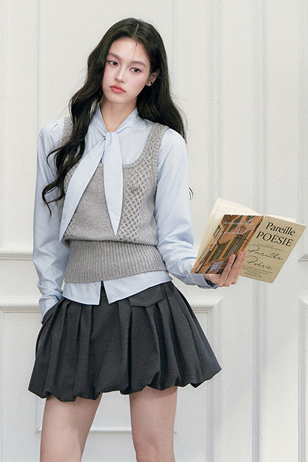 Pleated Skirt Shirt Vest Set-Up