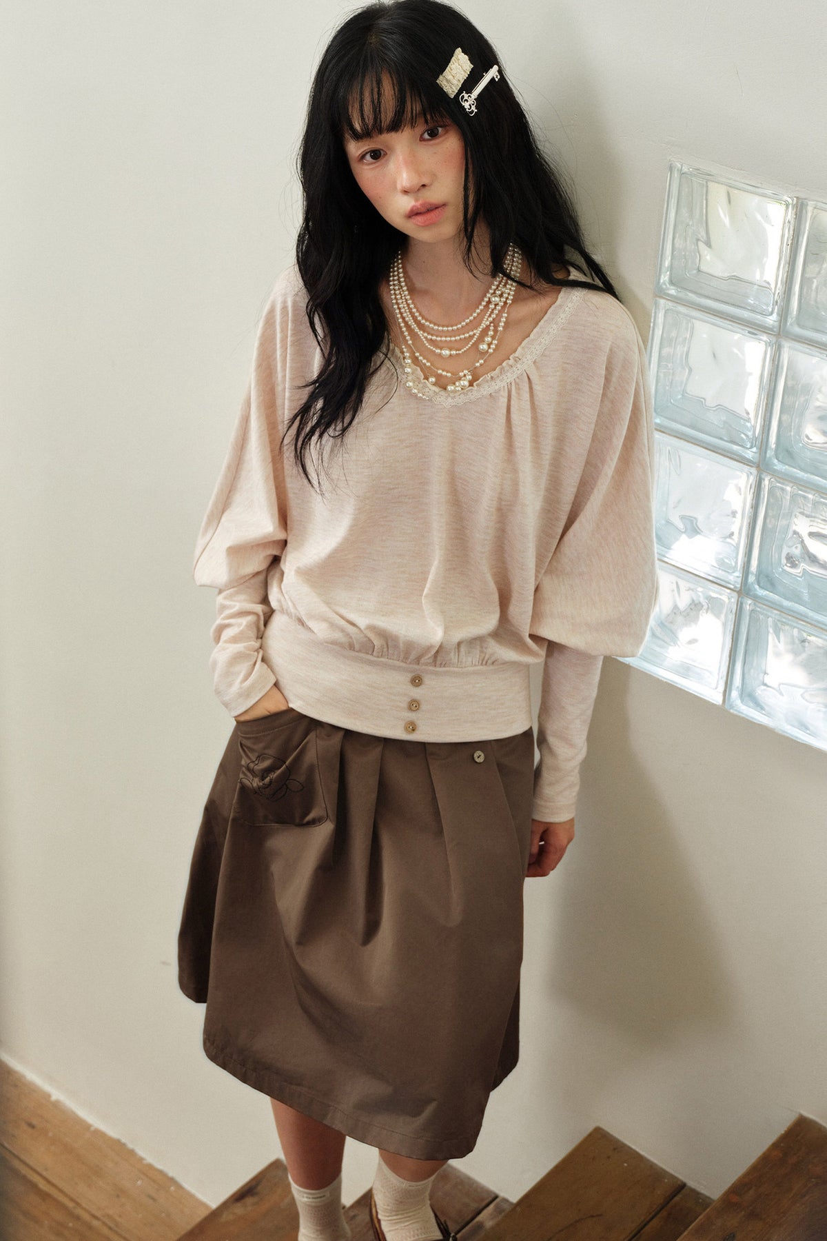 Camel Pink V-Neck Batwing Sleeve Knit Top