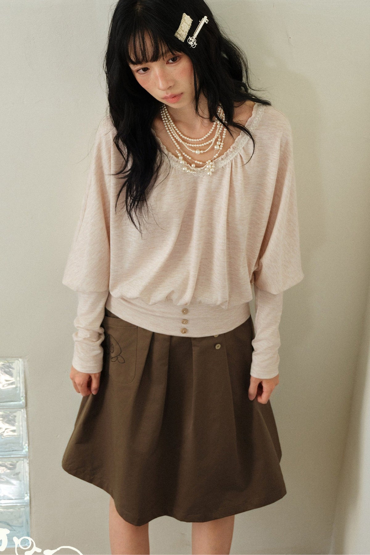 Camel Pink V-Neck Batwing Sleeve Knit Top