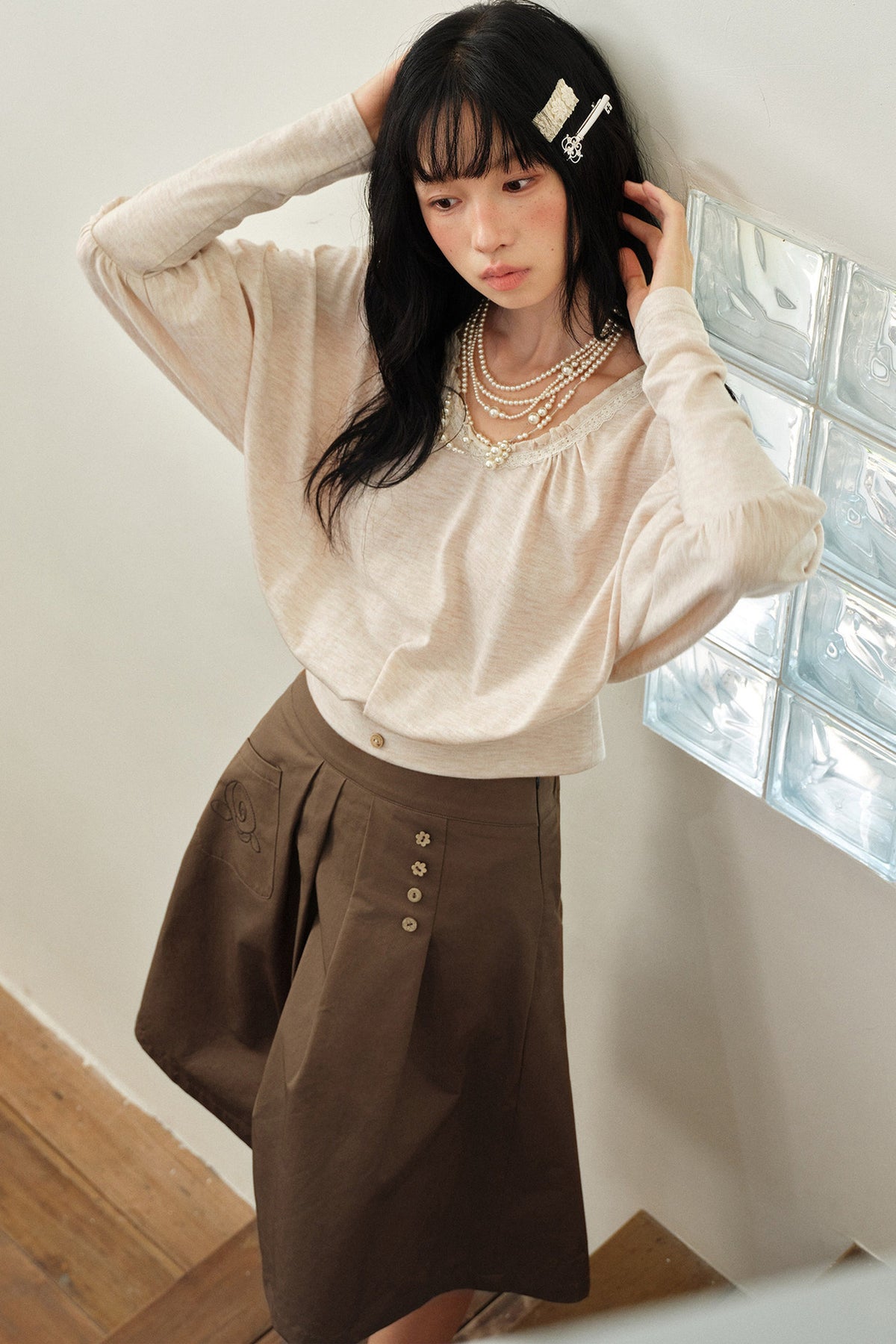 Camel Pink V-Neck Batwing Sleeve Knit Top