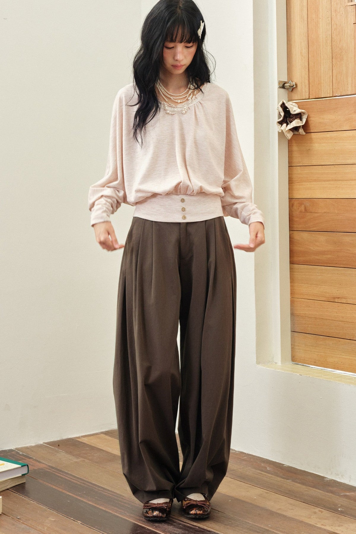 Camel Pink V-Neck Batwing Sleeve Knit Top