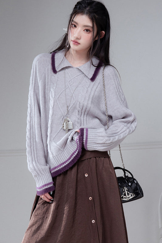 Purple Trim Cable Knit Sweater