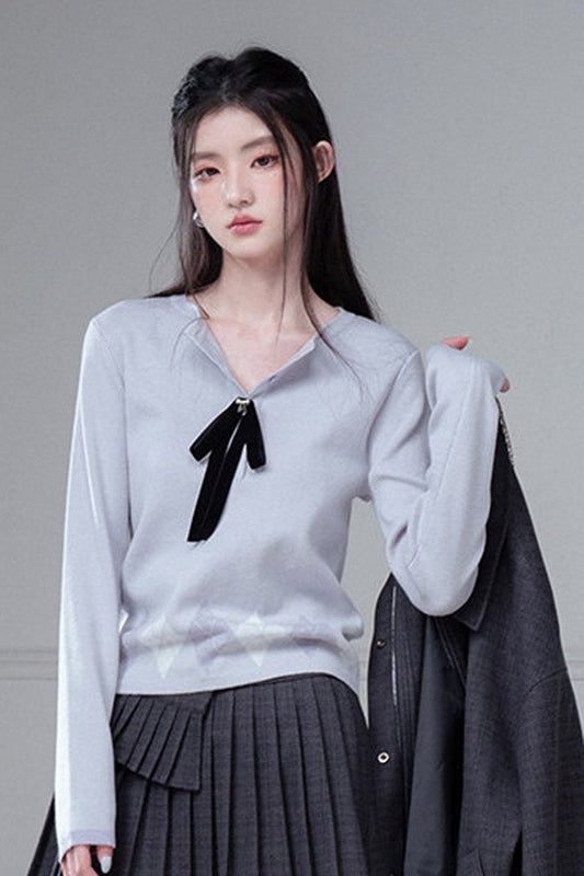 Detachable Bow Diamond Jacquard Knit Sweater