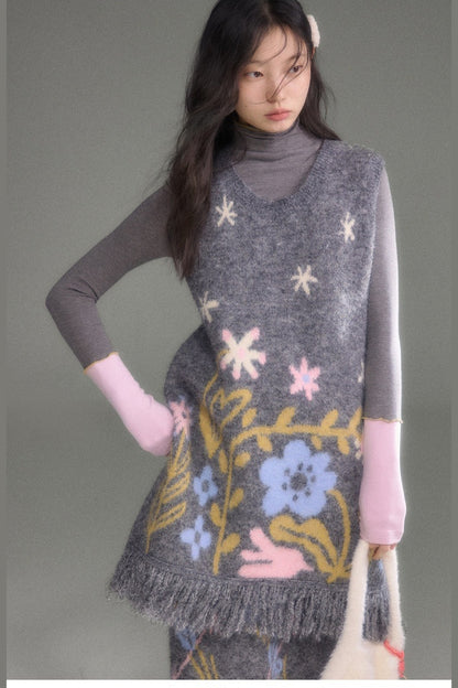 Ear-Shaped Wool-Blend Bird and Flower Jacquard Dress Set-Up