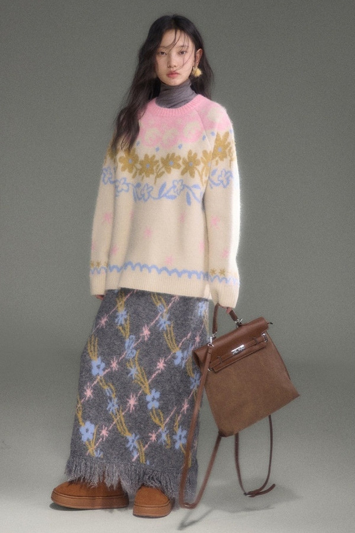 Ear-Shaped Wool-Blend Bird and Flower Jacquard Dress Set-Up