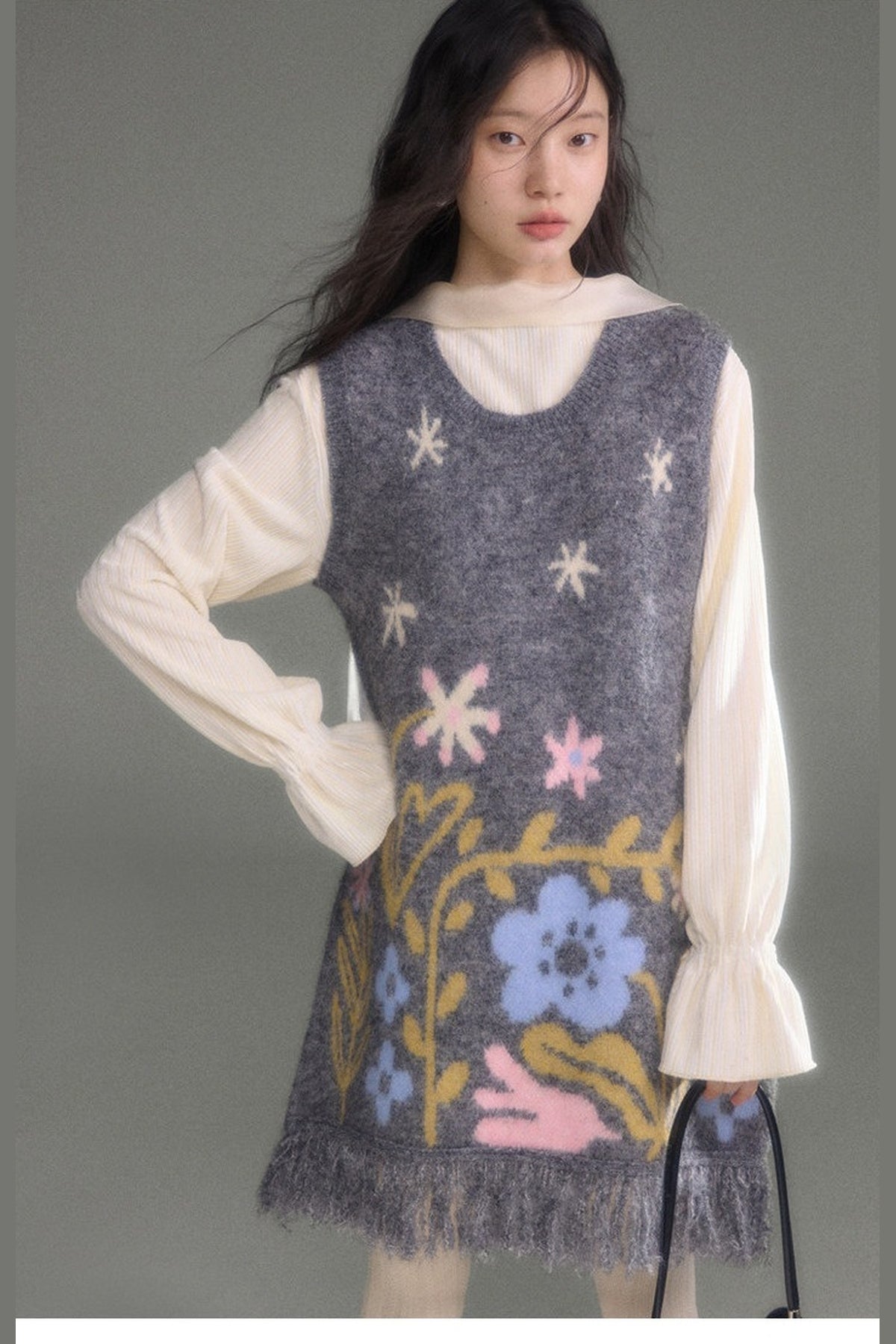 Ear-Shaped Wool-Blend Bird and Flower Jacquard Dress Set-Up