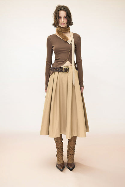Detachable Fur Collar Irregular Placket Long-Sleeve T-Shirt