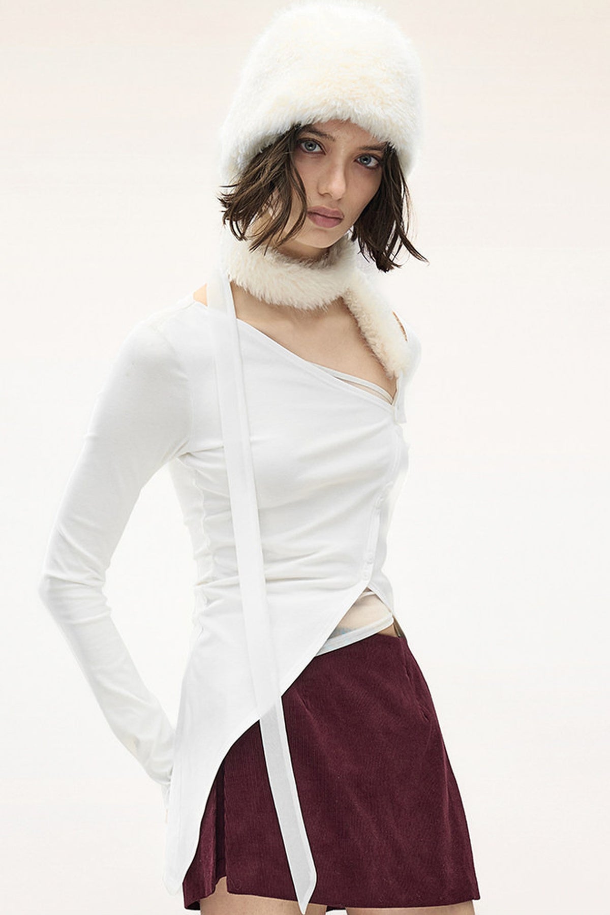 Detachable Fur Collar Irregular Placket Long-Sleeve T-Shirt