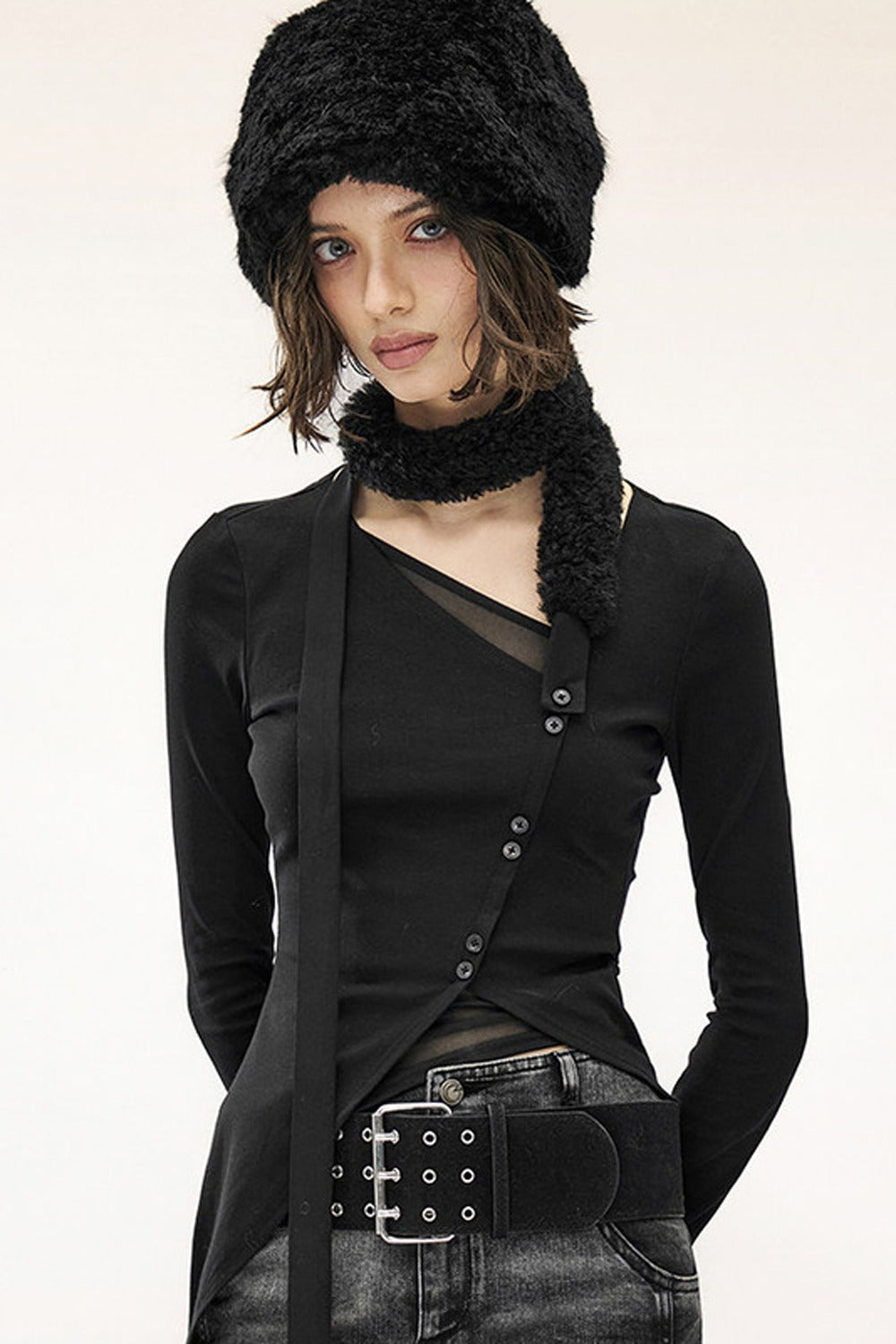 Detachable Fur Collar Irregular Placket Long-Sleeve T-Shirt
