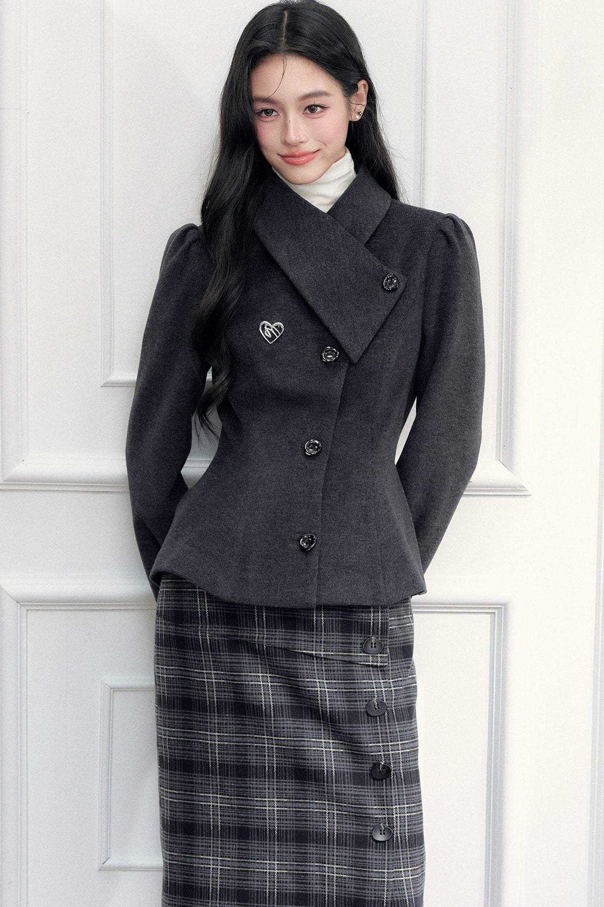 Turn-Down Collar Woolen Blazer and Hip-Hugging Long Skirt Set-Up