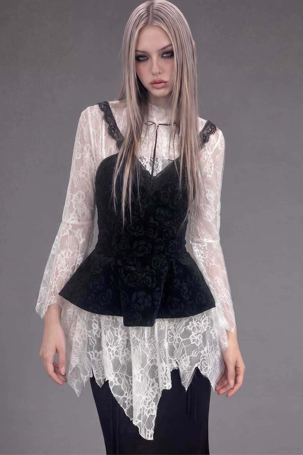 Gothic Lace Long-Sleeve Tube Top Set-Up
