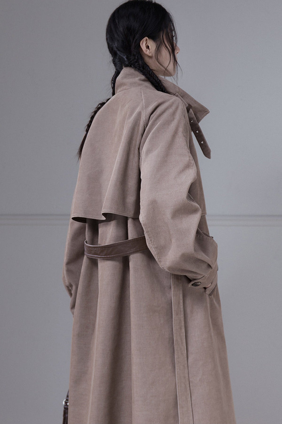Corduroy Leather Stand-Up Collar Trench Coat